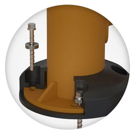 Detail of yellow guardrail post with black base showing cross section with anchor bolts